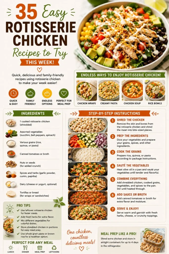 A variety of delicious dishes made with rotisserie chicken served on a table