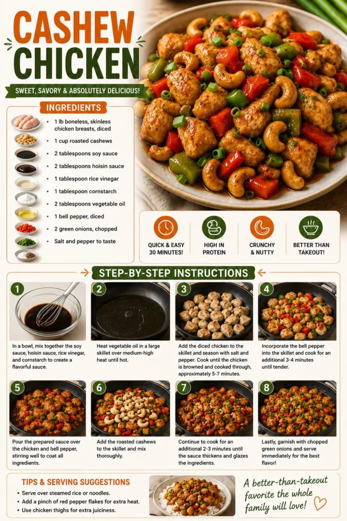 Delicious cashew chicken served with vibrant vegetables and crunchy cashews.