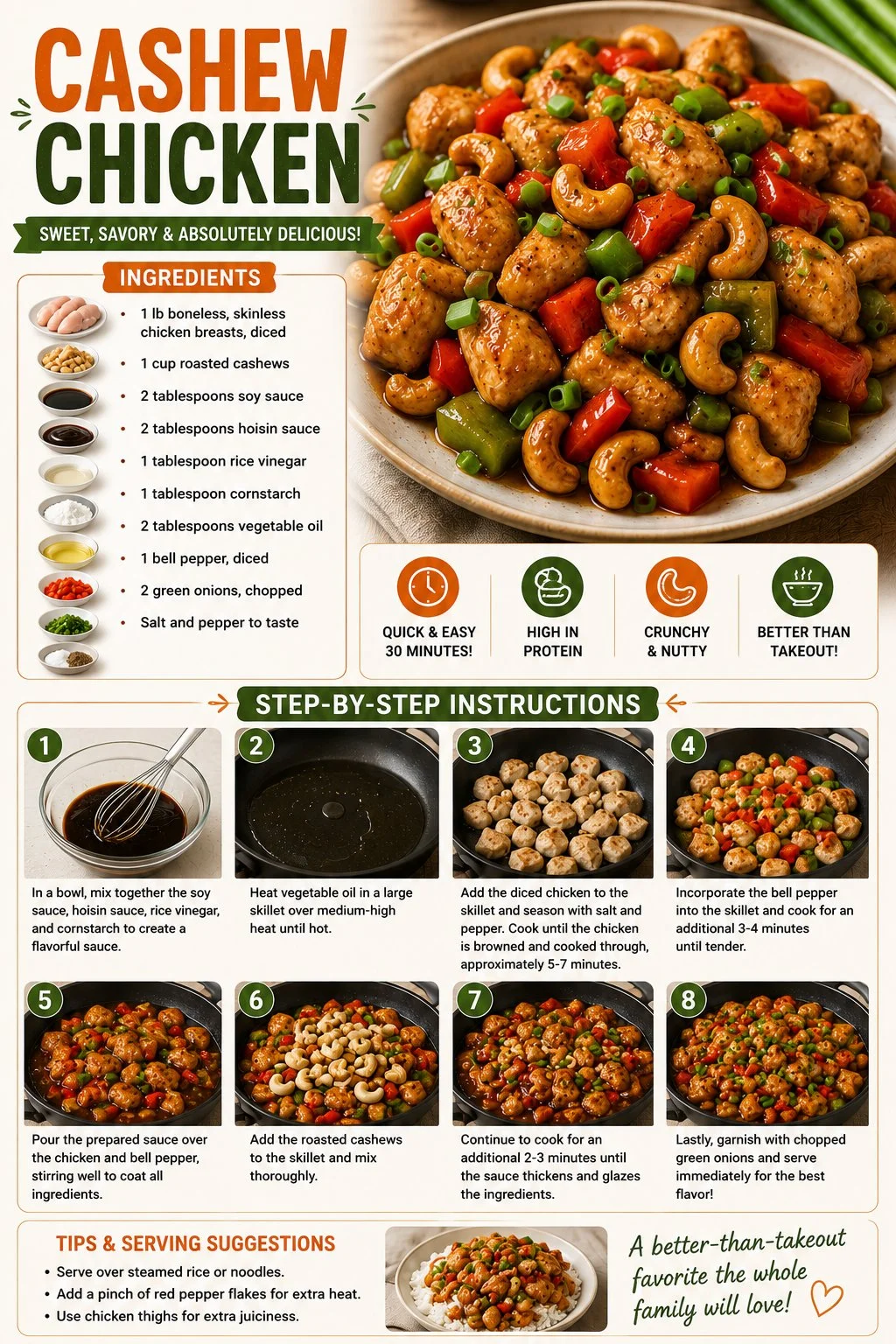 Delicious cashew chicken served with vibrant vegetables and crunchy cashews.