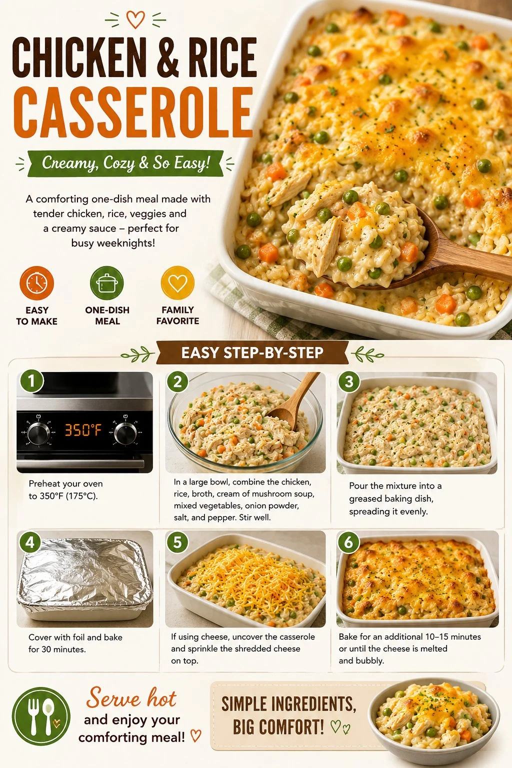 Delicious chicken and rice casserole baked until golden and bubbly.