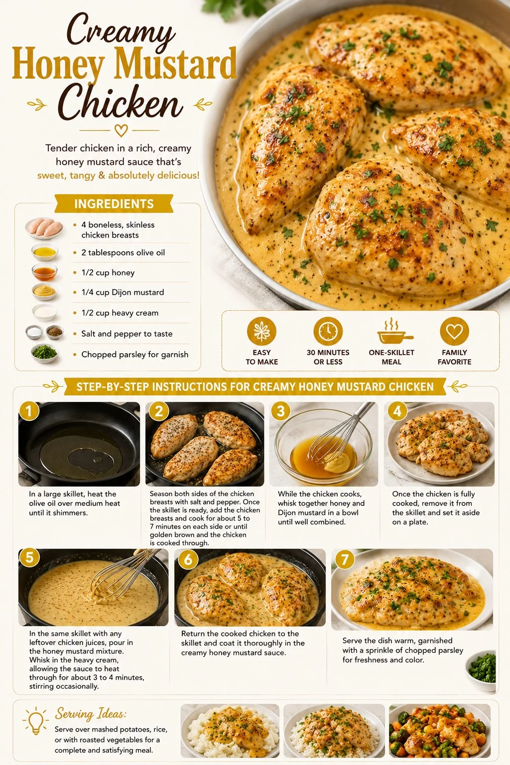 Creamy honey mustard chicken garnished with herbs on a plate