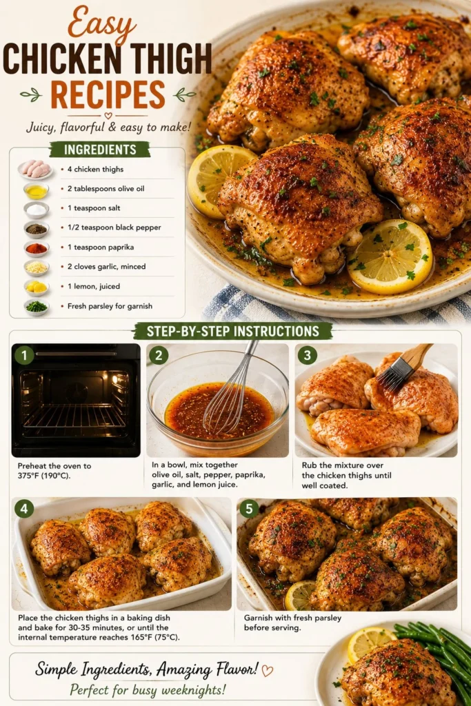 Delicious easy chicken thigh recipes served with vegetables and herbs