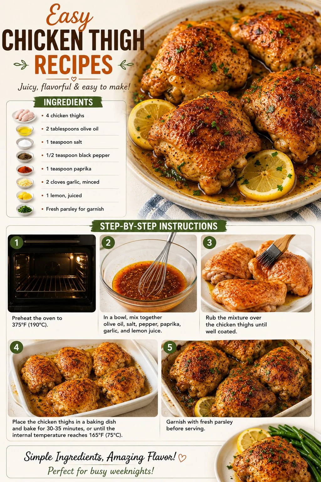 Delicious easy chicken thigh recipes served with vegetables and herbs