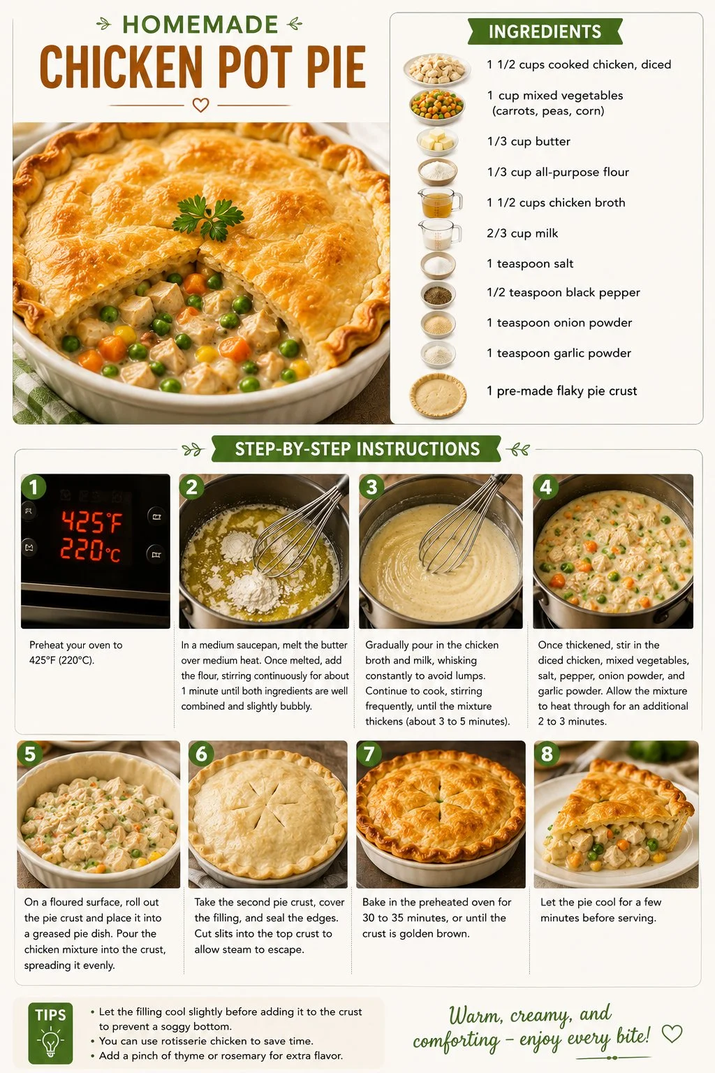 Delicious homemade chicken pot pie with flaky crust and savory filling.
