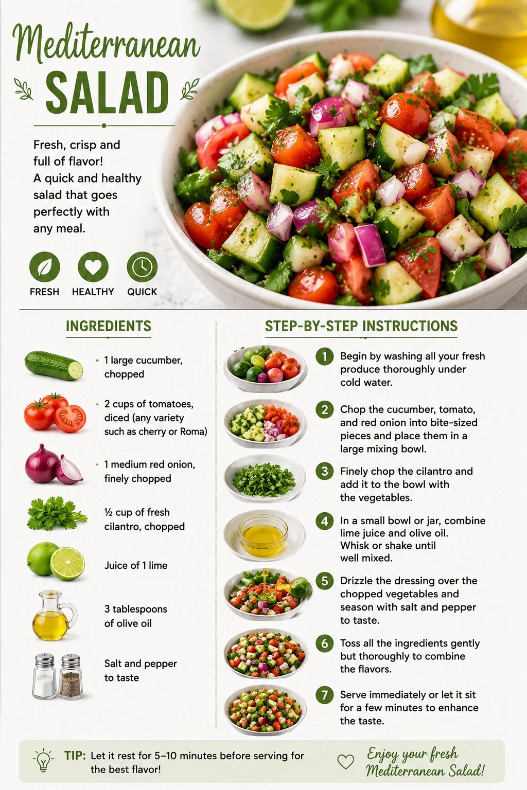 A colorful Mediterranean Salad with fresh vegetables and herbs in a bowl.