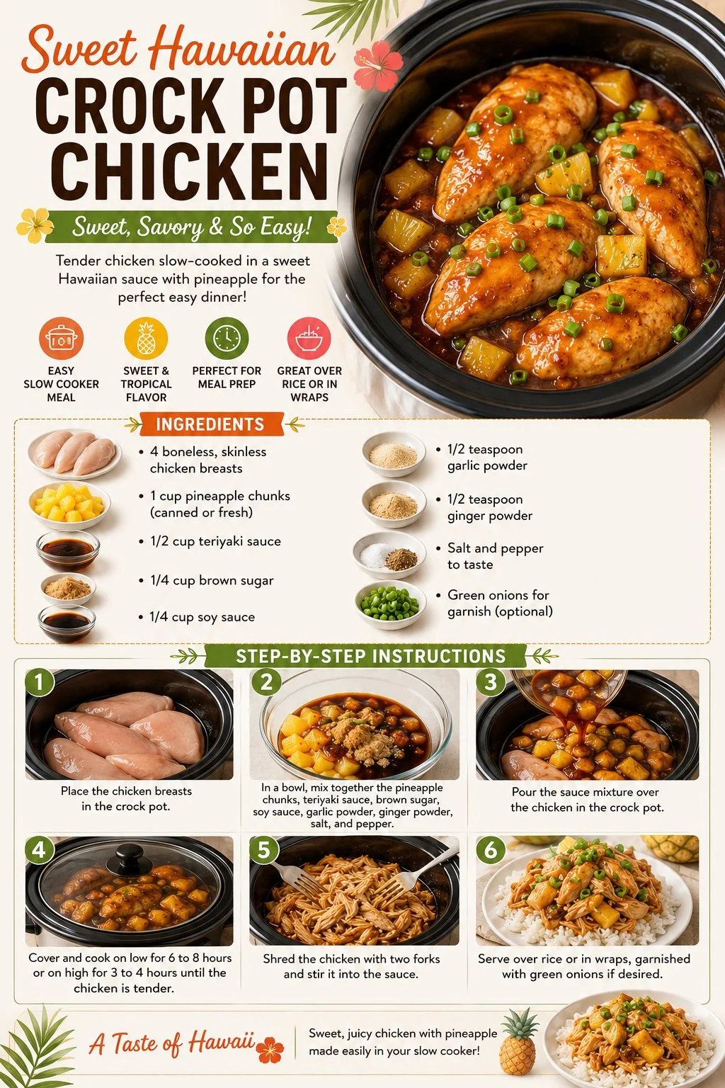 Sweet Hawaiian Crock Pot Chicken dish served with rice and pineapple