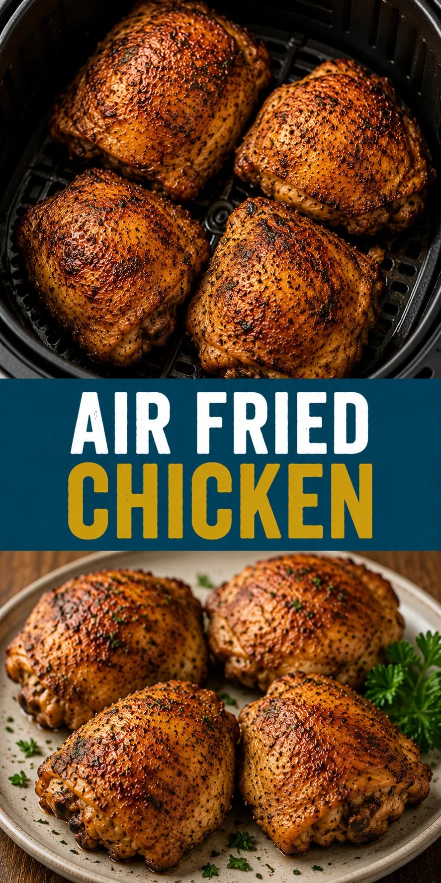 Crispy air fried chicken served on a plate with herbs and spices