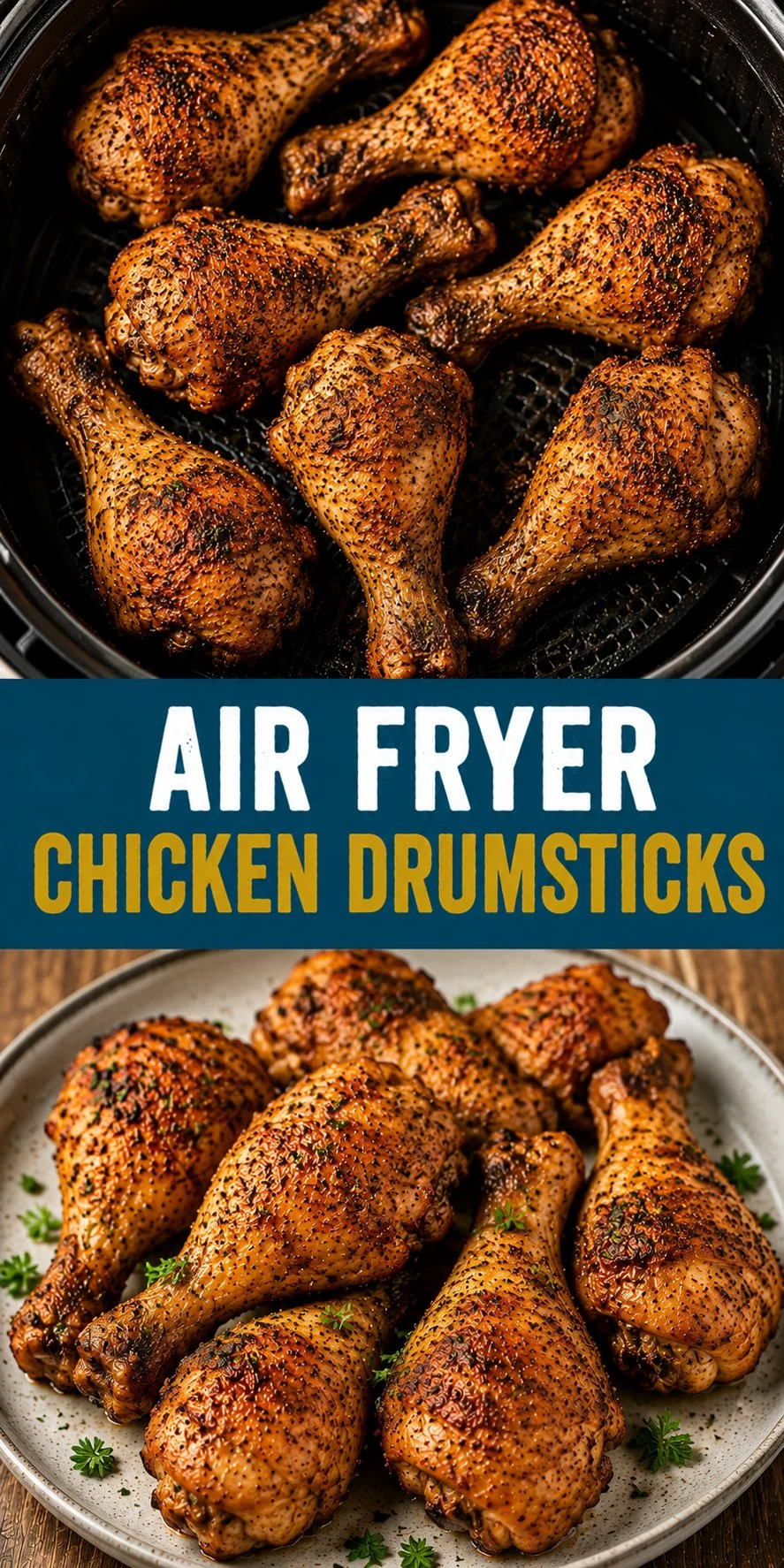 Crispy air fried chicken drumsticks seasoned and ready to eat