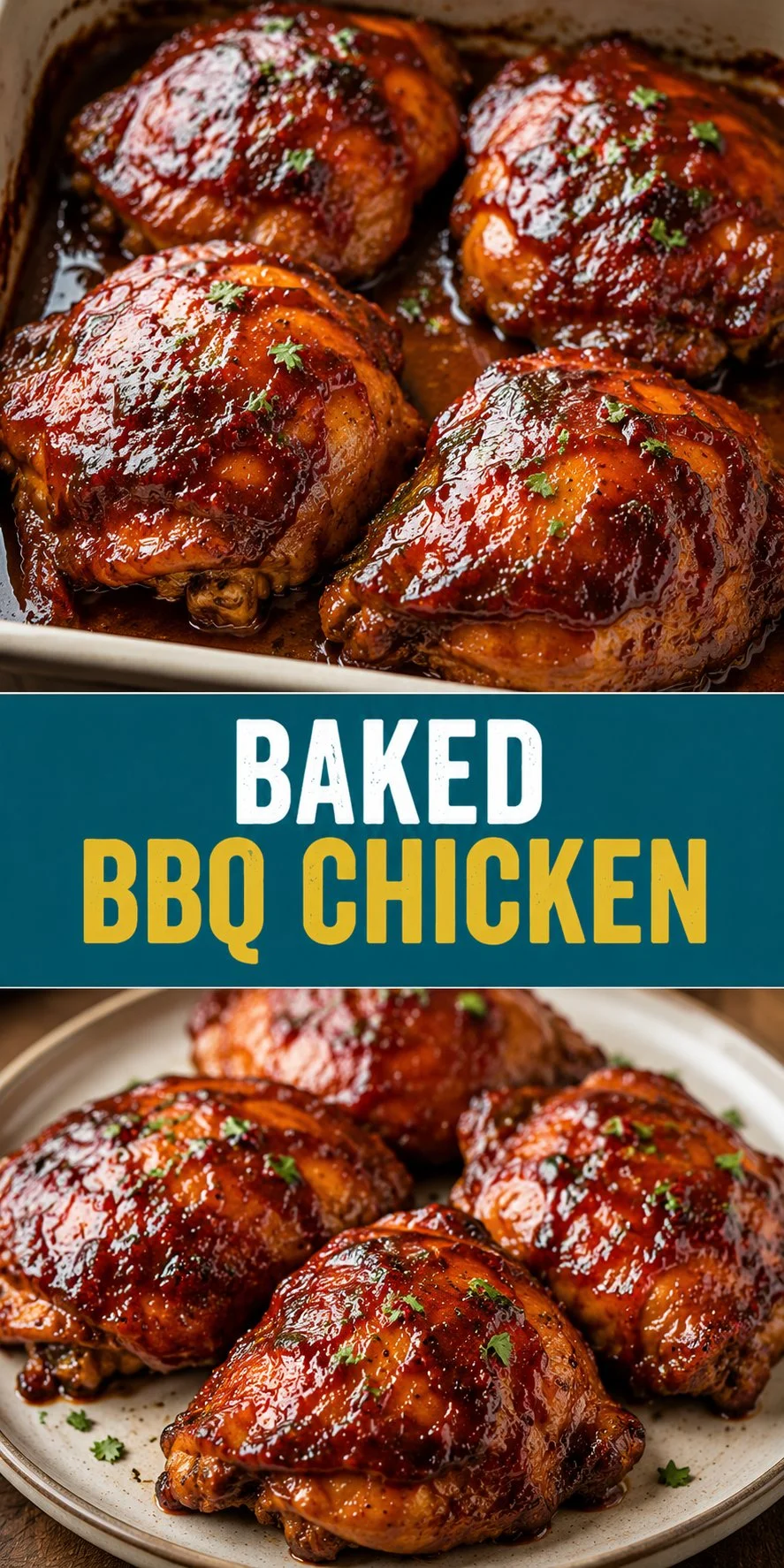 Baked BBQ Chicken garnished and ready to serve with a side dish