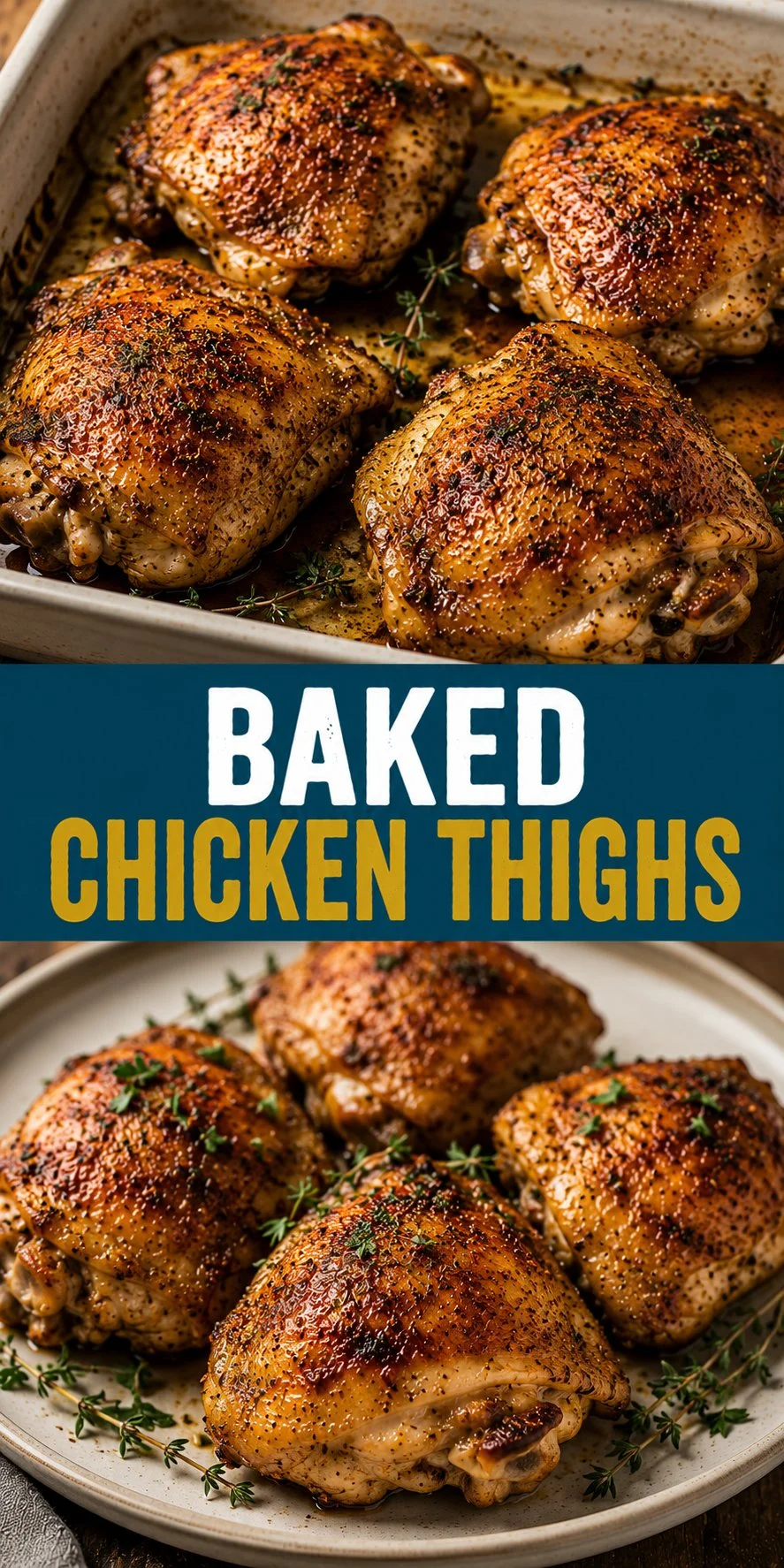 Delicious baked chicken thighs served on a plate with herbs and spices.