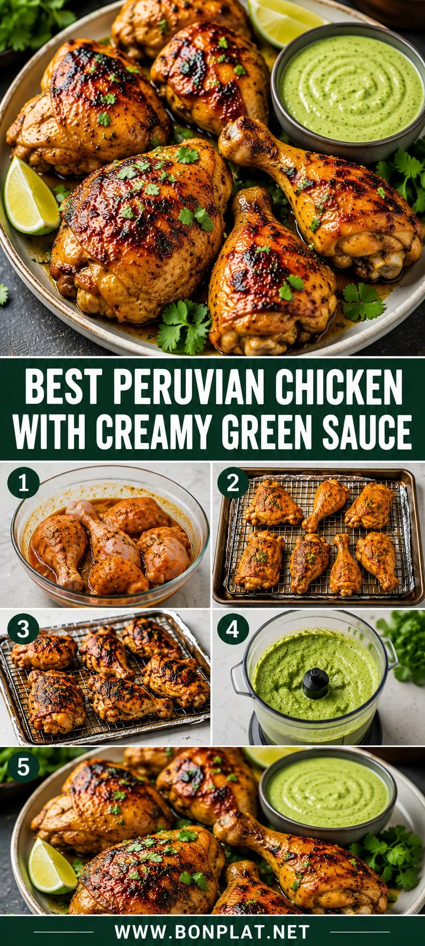 Plate of best Peruvian chicken served with creamy green sauce