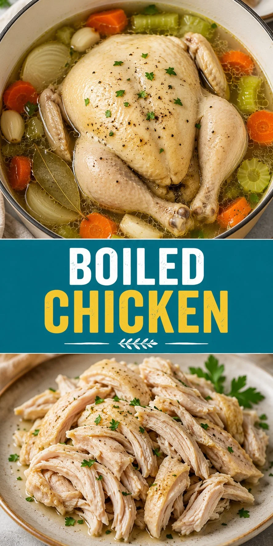 Boiled chicken cooked to perfection on a plate with fresh herbs.