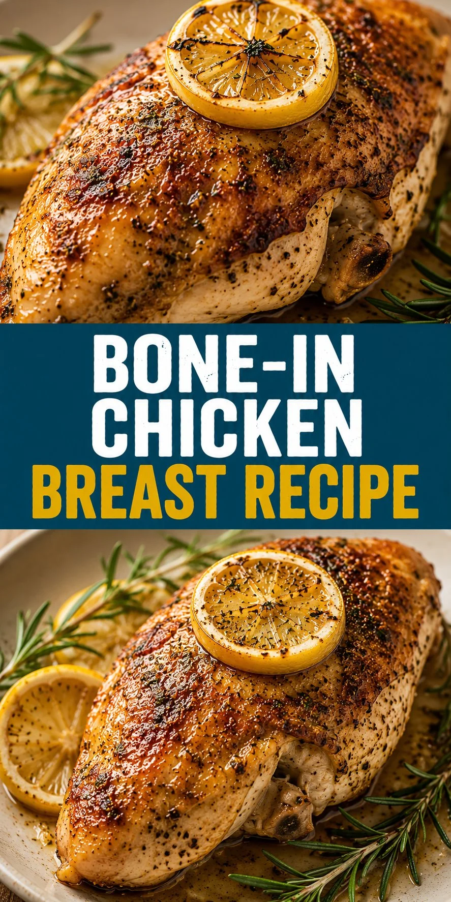 Delicious cooked Bone-In Chicken Breast served on a plate with herbs
