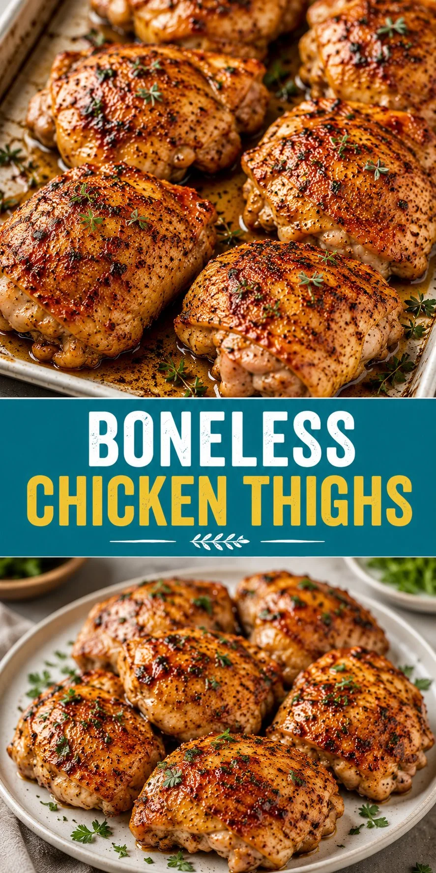Delicious boneless chicken thighs cooked with herbs and spices