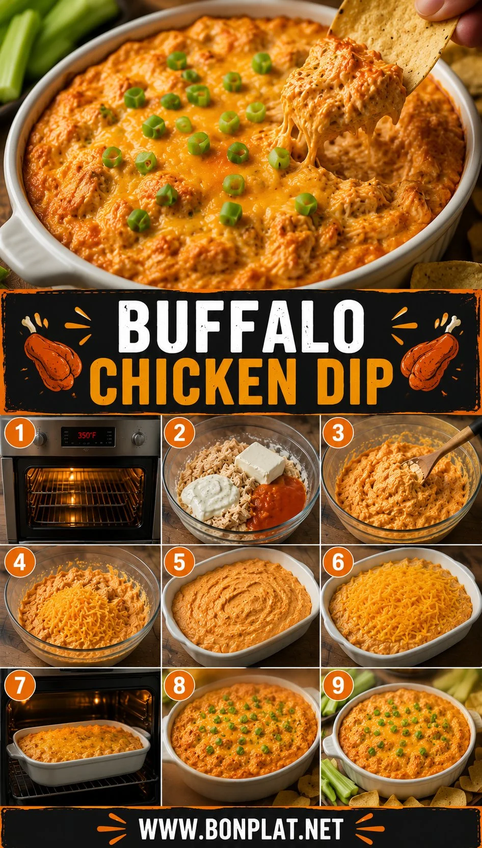 Delicious Buffalo Chicken Dip served with tortilla chips