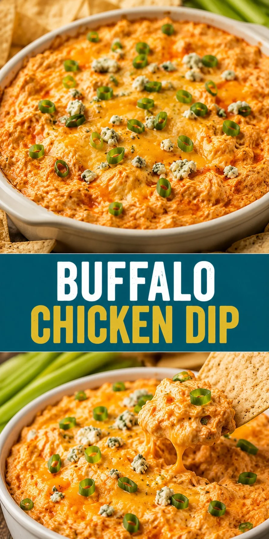 Delicious Buffalo Chicken Dip served in a bowl with tortilla chips