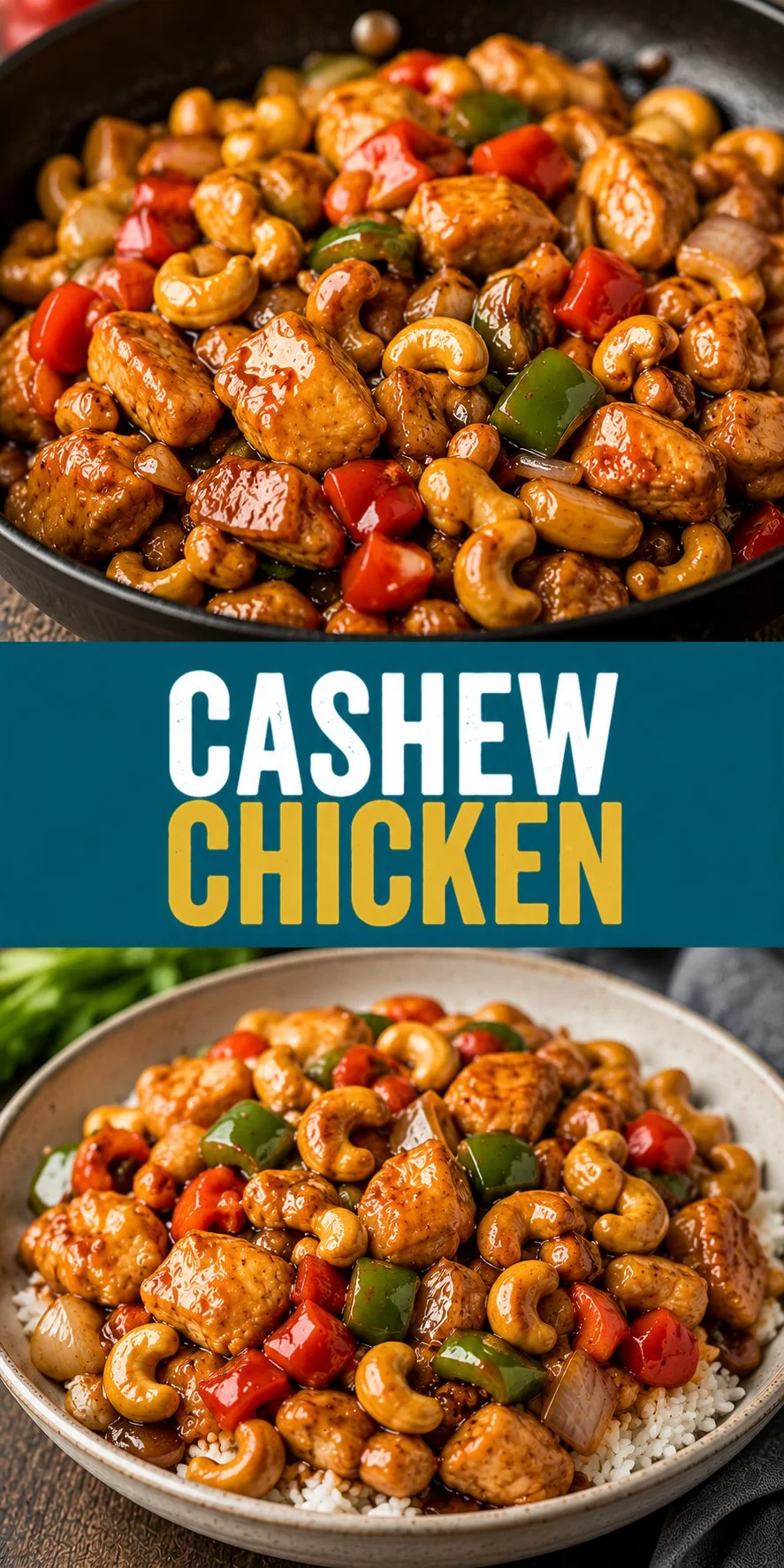 Delicious homemade cashew chicken served with rice and vegetables