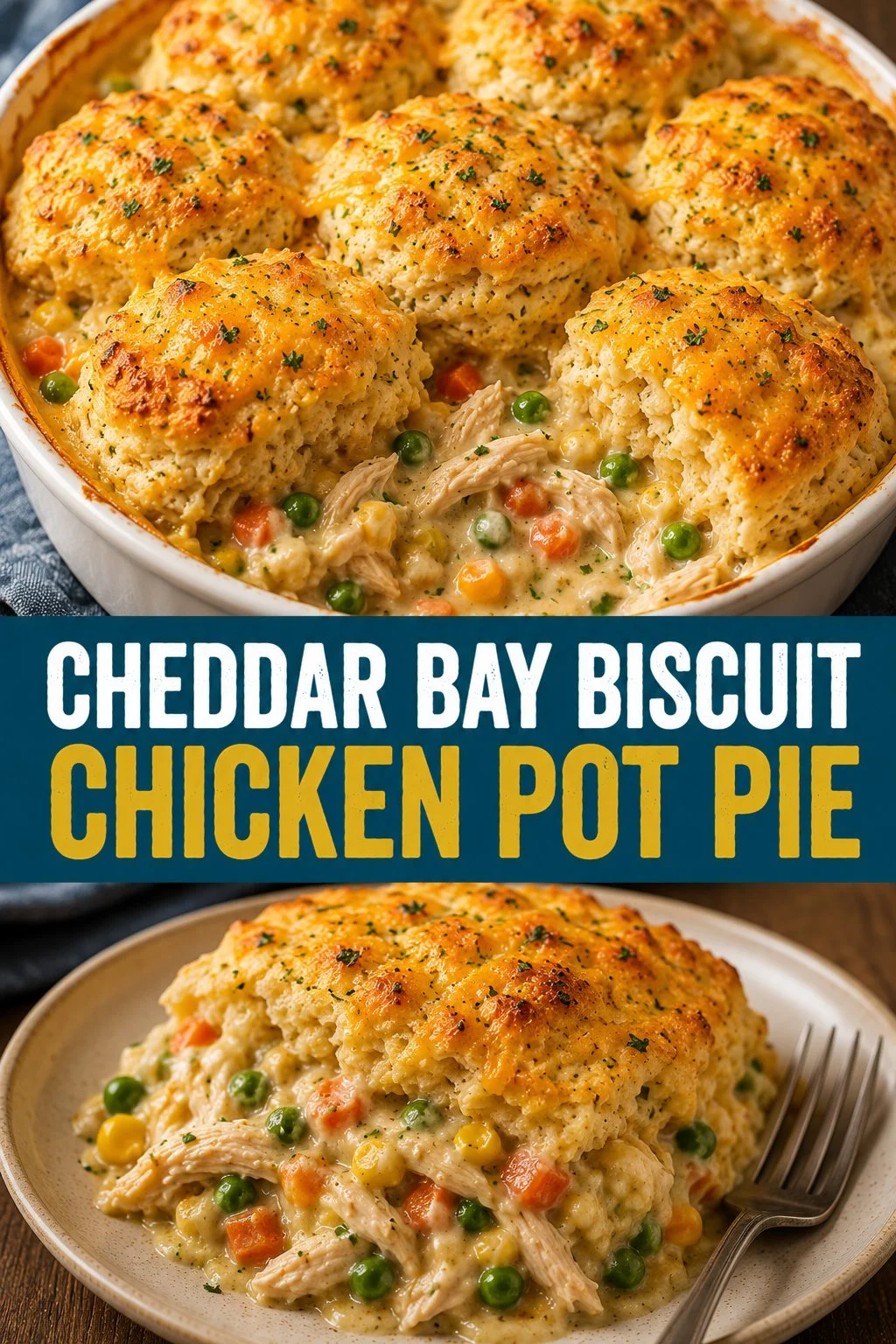 Delicious Cheddar Bay Biscuit Chicken Pot Pie served with a side salad.