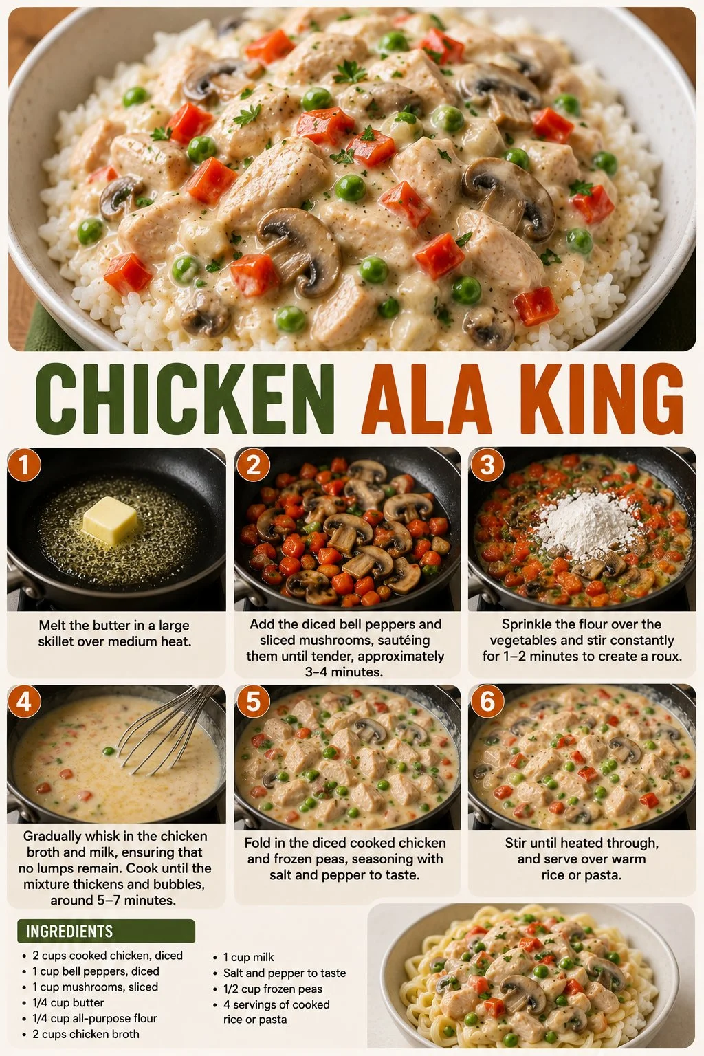 Delicious Chicken Ala King served with vegetables and creamy sauce