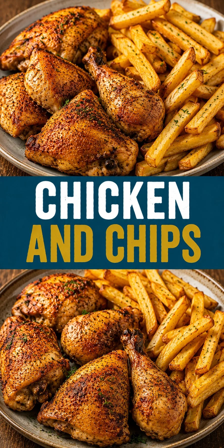 Delicious plate of Chicken and Chips with golden fries and crispy chicken