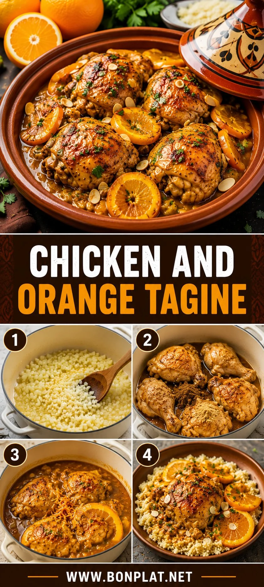 Delicious Chicken and Orange Tagine served in a traditional tagine pot.