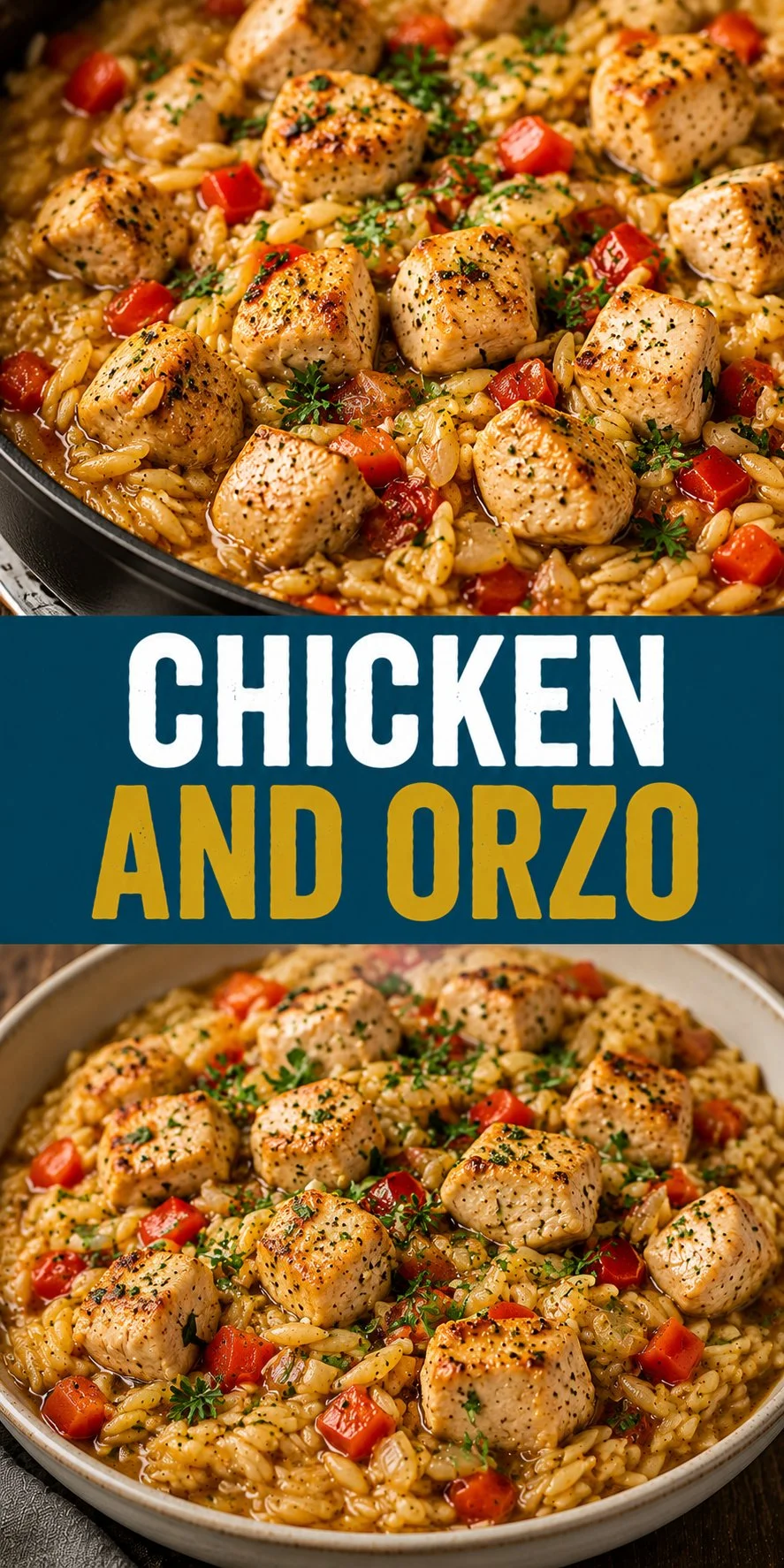 Bowl of Chicken and Orzo with herbs and vegetables