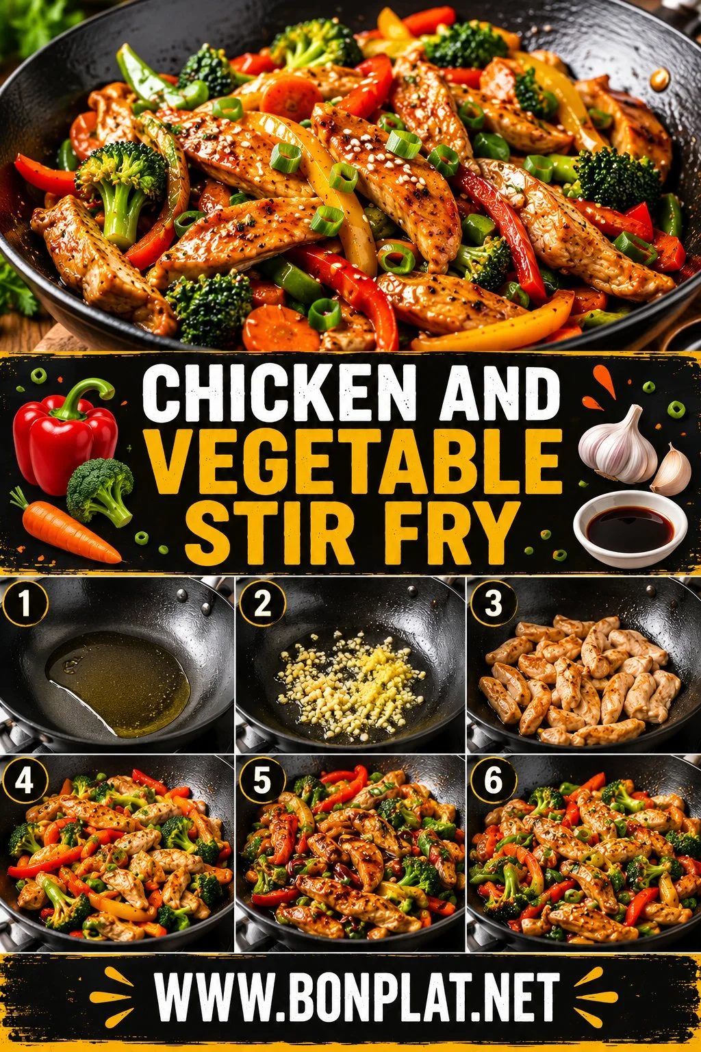 Colorful chicken and vegetable stir fry in a pan.