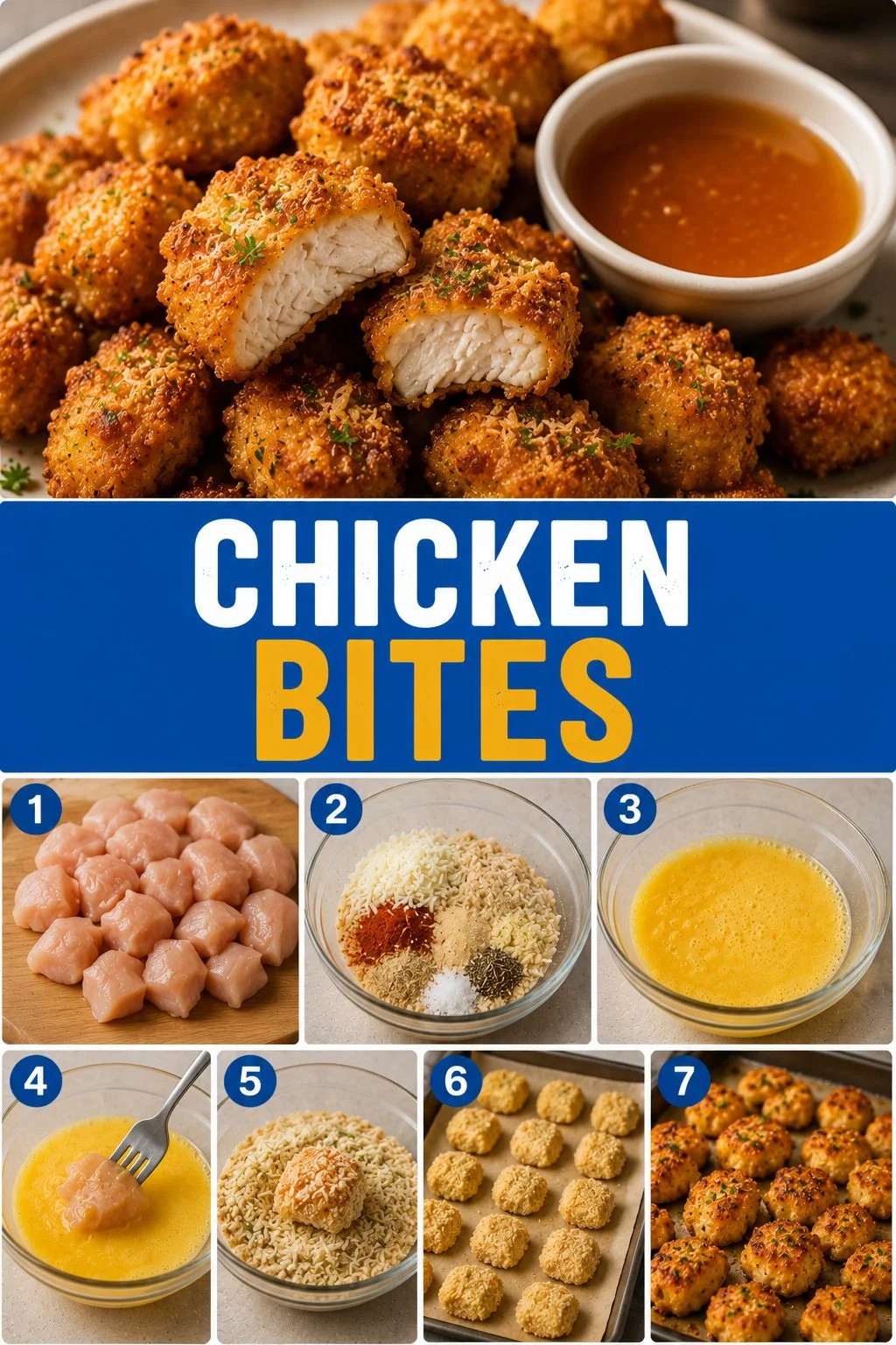 Delicious chicken bites served with dipping sauces on a wooden platter.