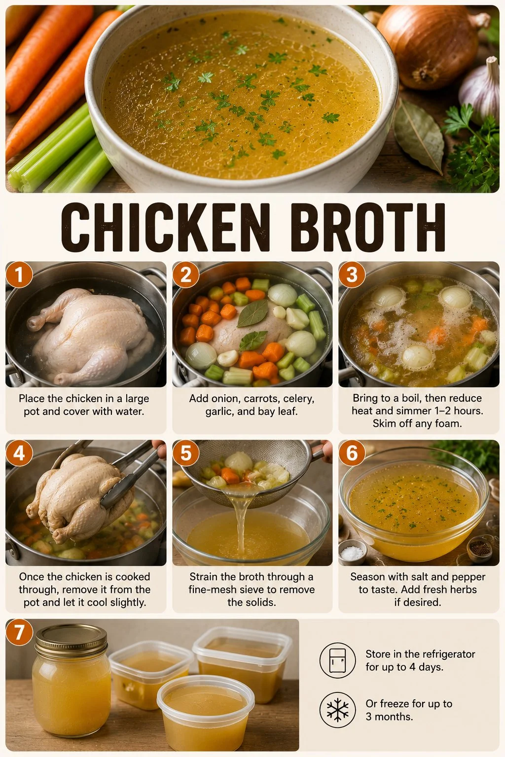 Homemade chicken broth simmering in a pot with aromatic herbs and spices.