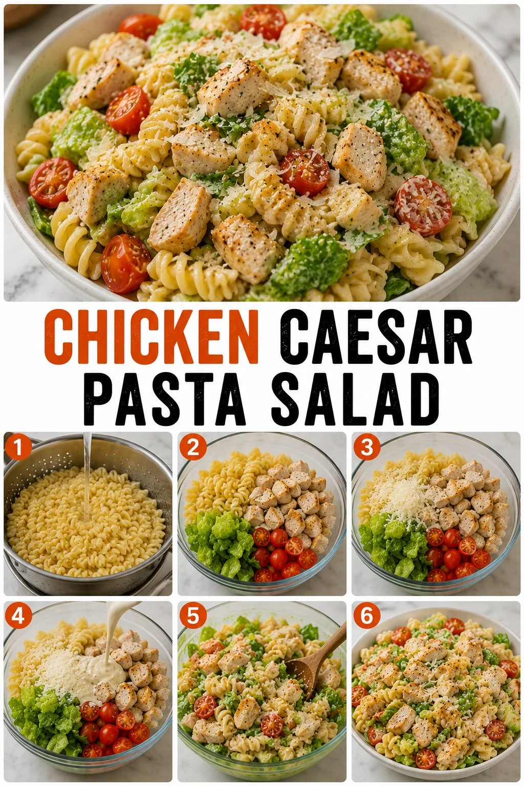 Delicious Chicken Caesar Pasta Salad with grilled chicken and crunchy romaine