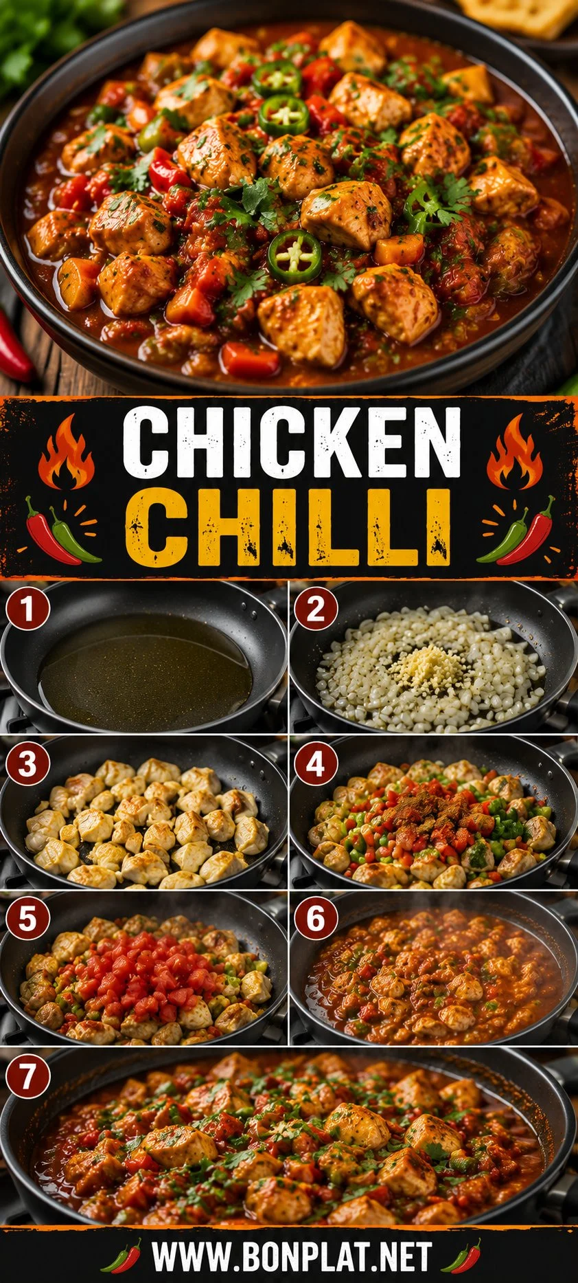 Delicious Chicken Chilli served in a bowl, garnished with fresh herbs.