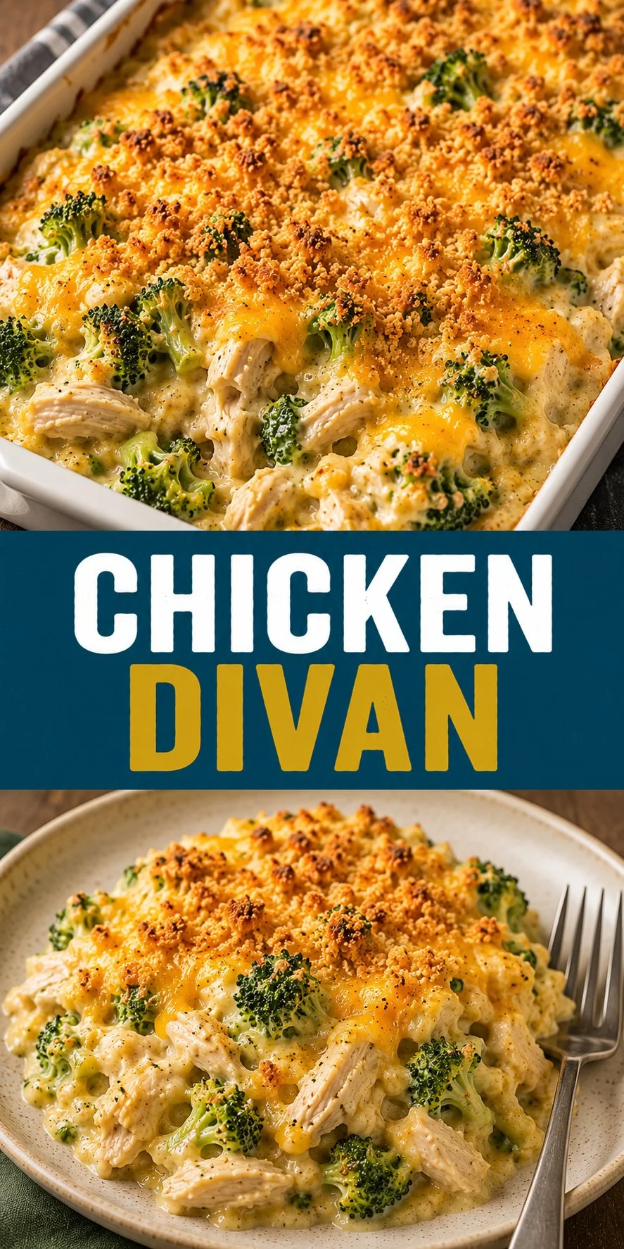 Delicious Chicken Divan topped with cheese and broccoli in a creamy sauce