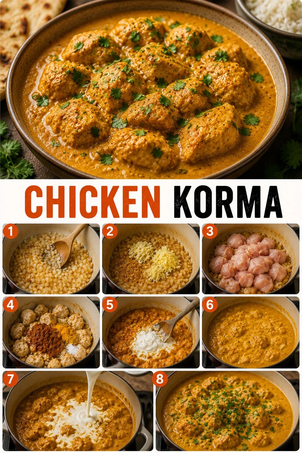 Delicious Chicken Korma served with rice and garnished with herbs