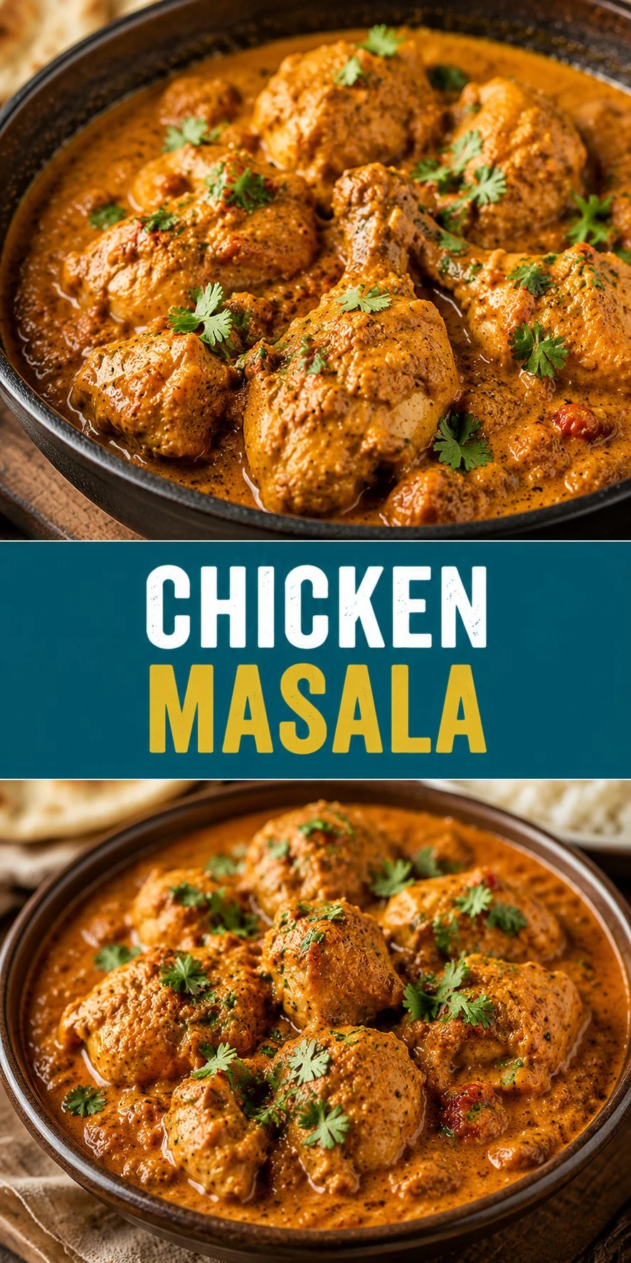 Delicious Chicken Masala served with rice and garnished with cilantro