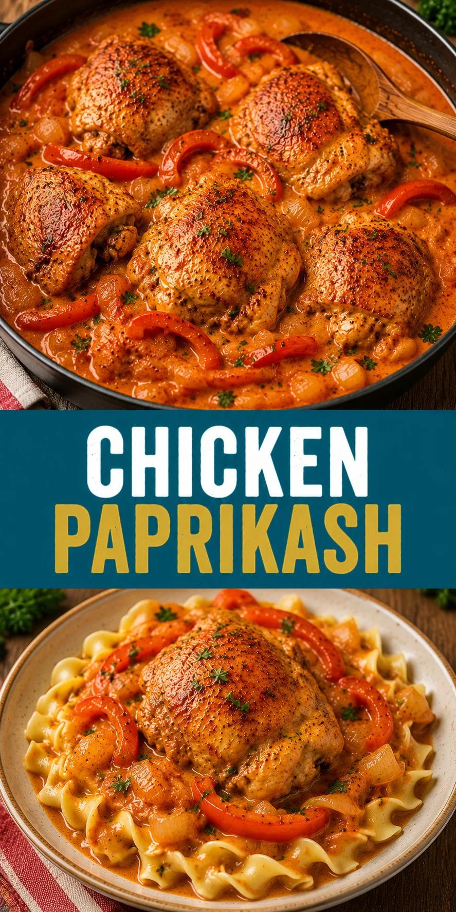 Delicious Chicken Paprikash served with creamy sauce and noodles on a plate