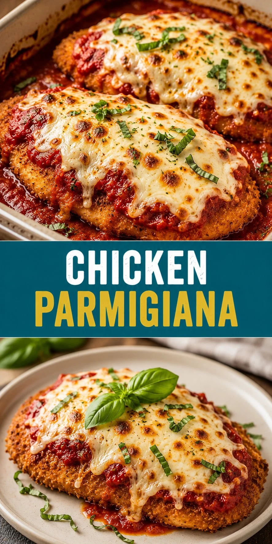 Delicious Chicken Parmigiana topped with melted cheese and marinara sauce