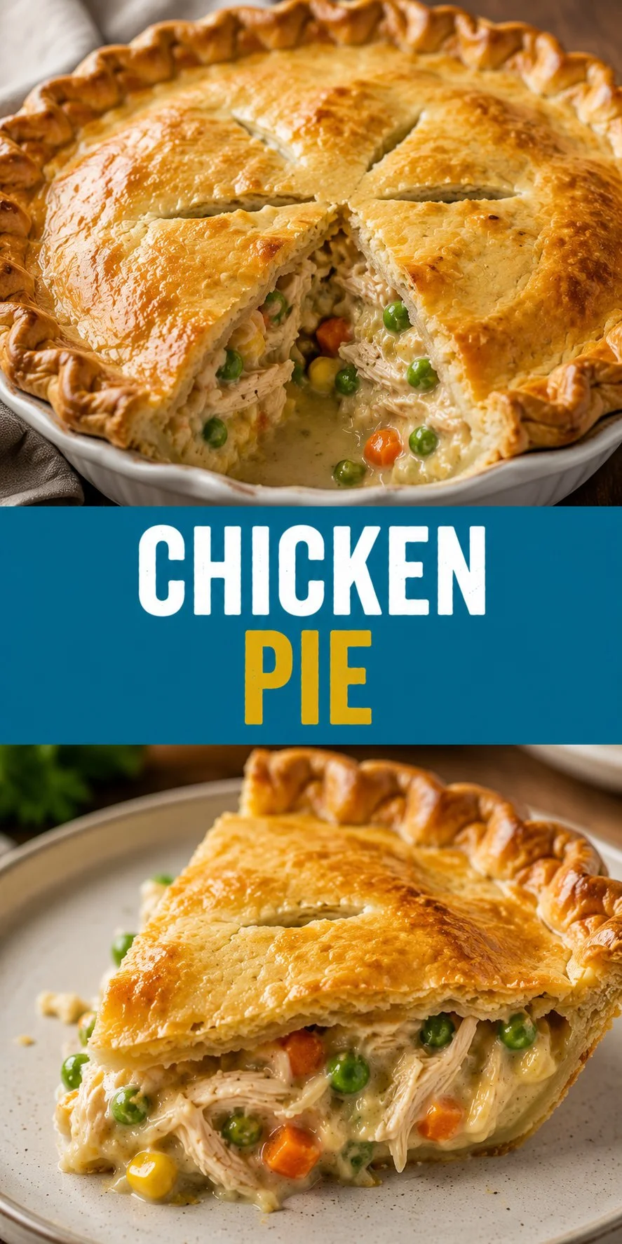 Homemade chicken pie with flaky crust and savory filling
