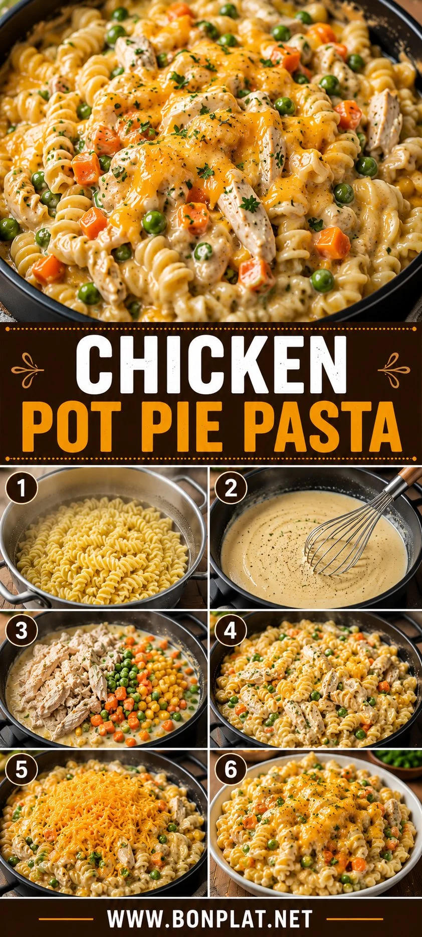 Creamy Chicken Pot Pie Pasta served in a bowl with herbs on top.