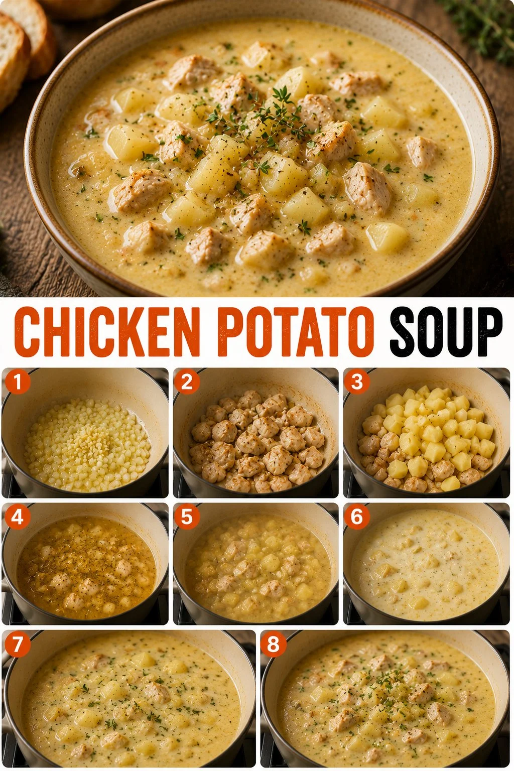 A bowl of creamy Chicken Potato Soup garnished with herbs