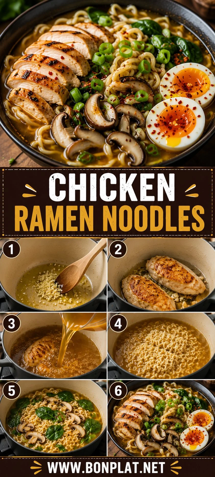 Bowl of chicken ramen noodles with rich broth and garnishes