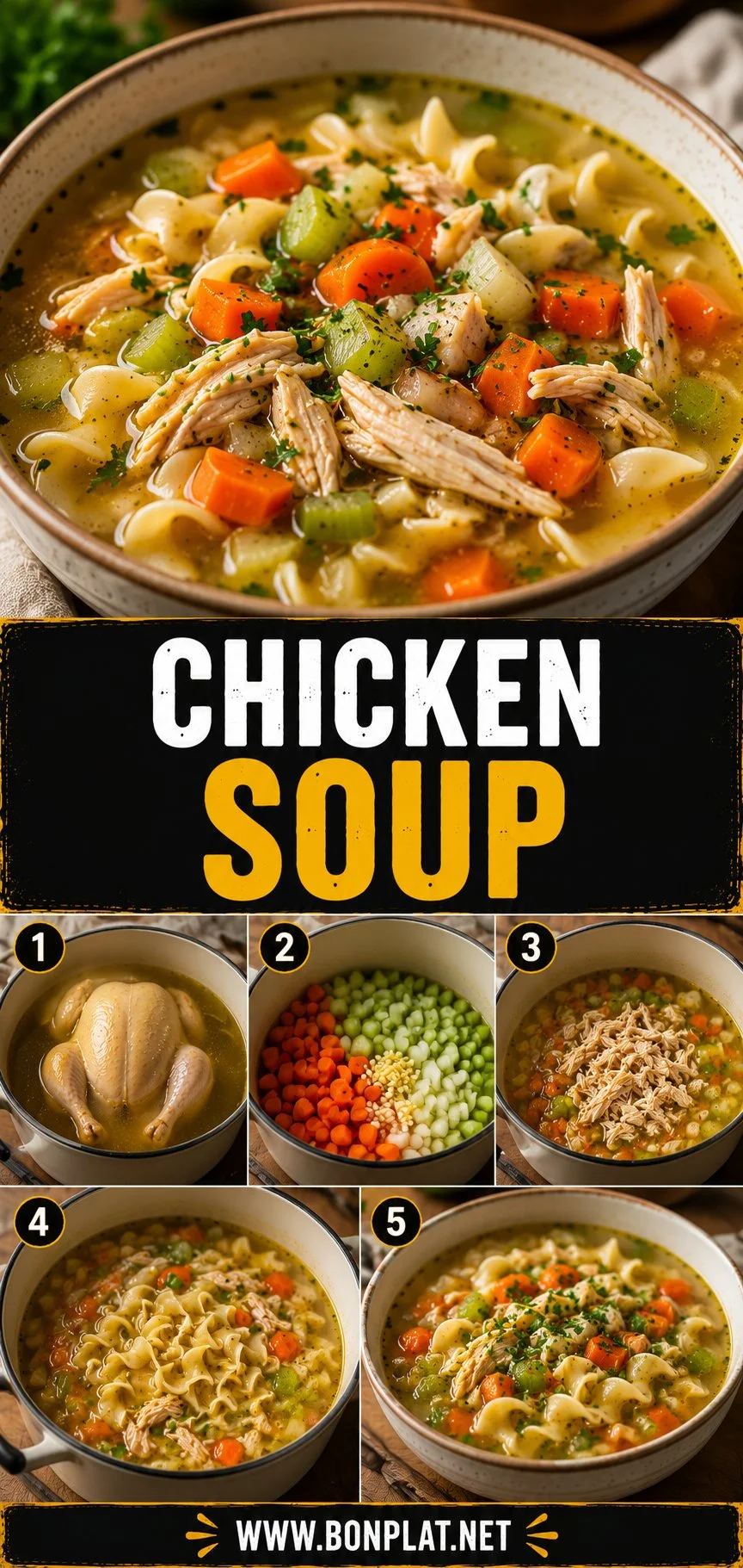 Bowl of delicious homemade chicken soup with vegetables and herbs
