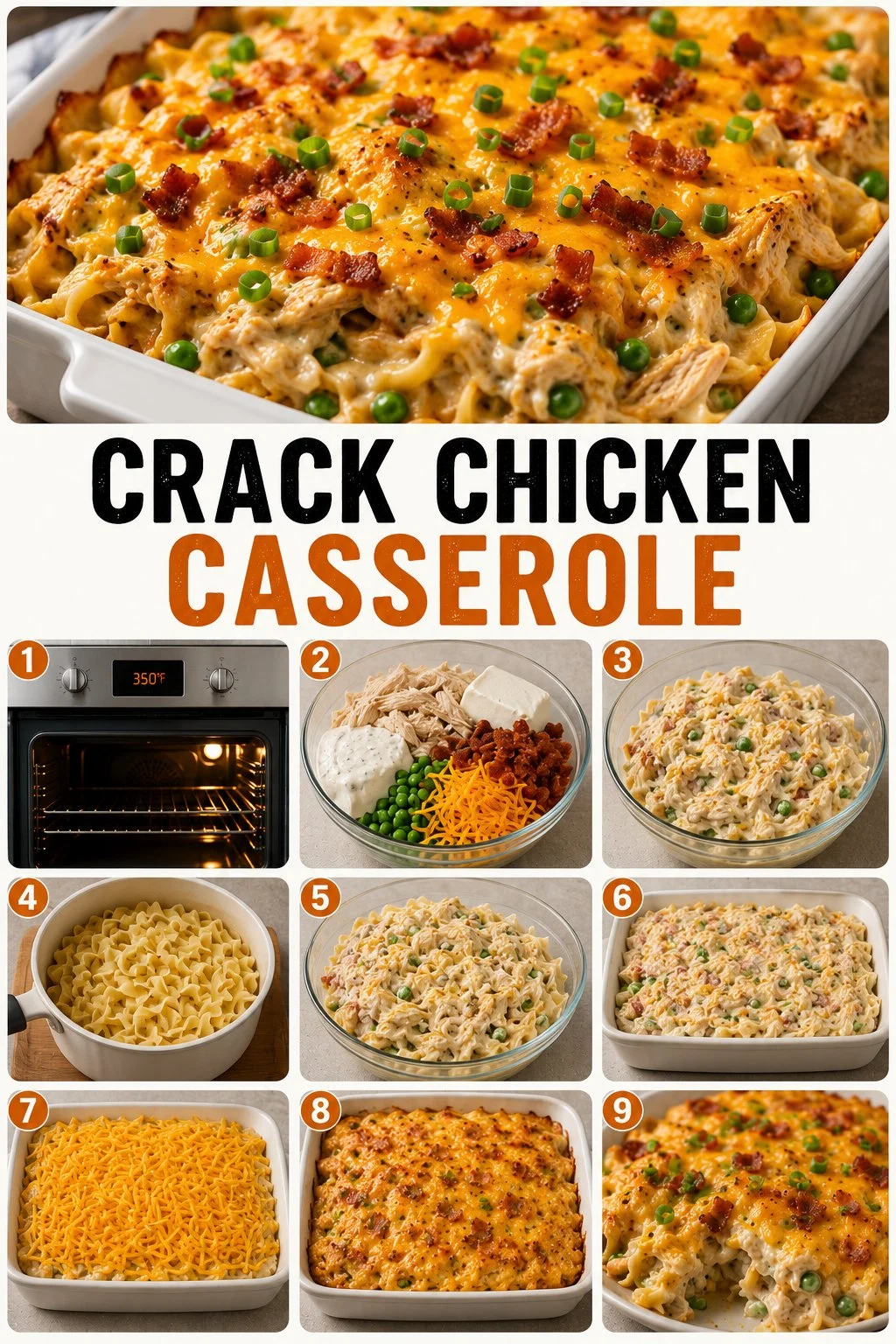 Delicious Crack Chicken Casserole topped with melted cheese and herbs.