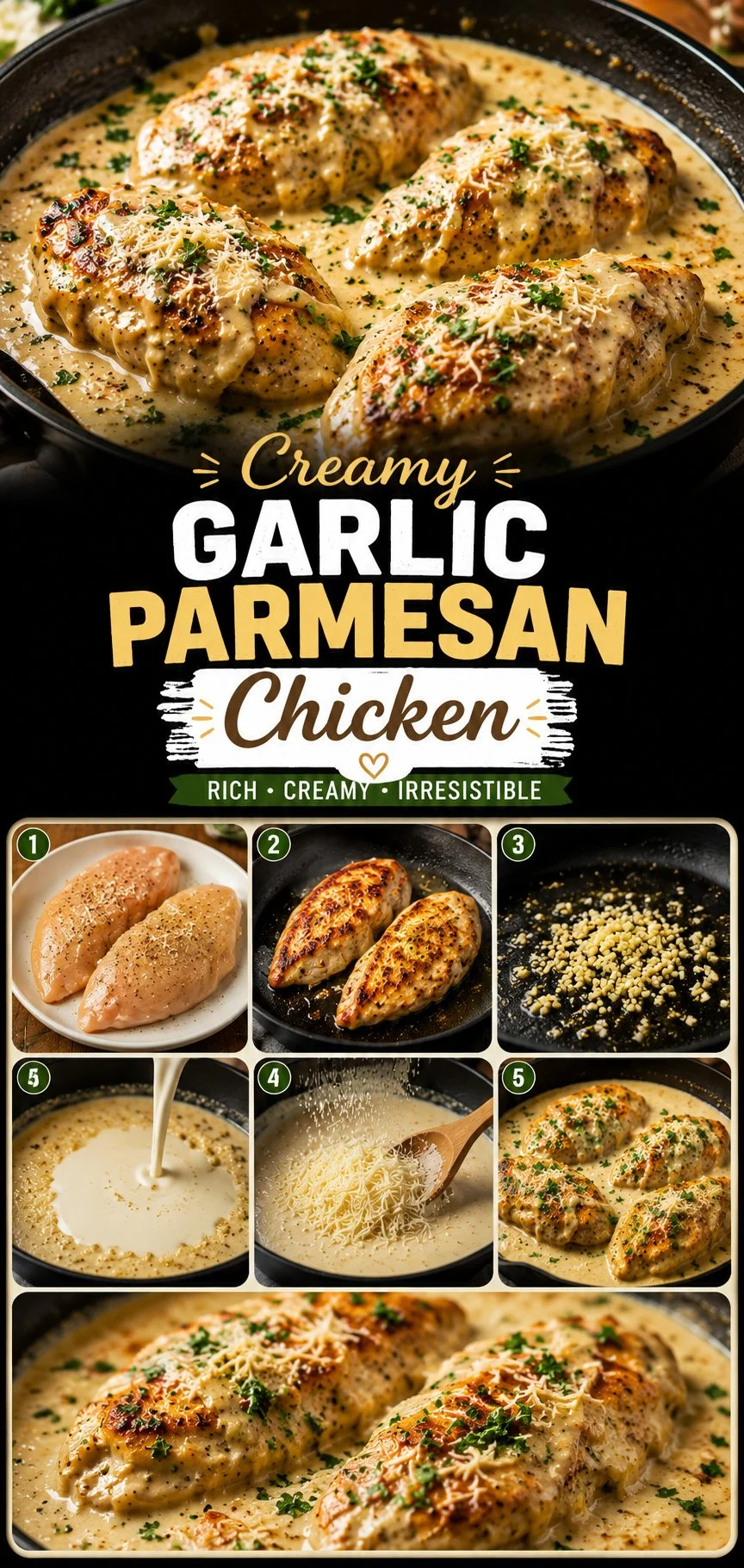 Creamy garlic parmesan chicken served with herbs and garnished for a delicious meal.