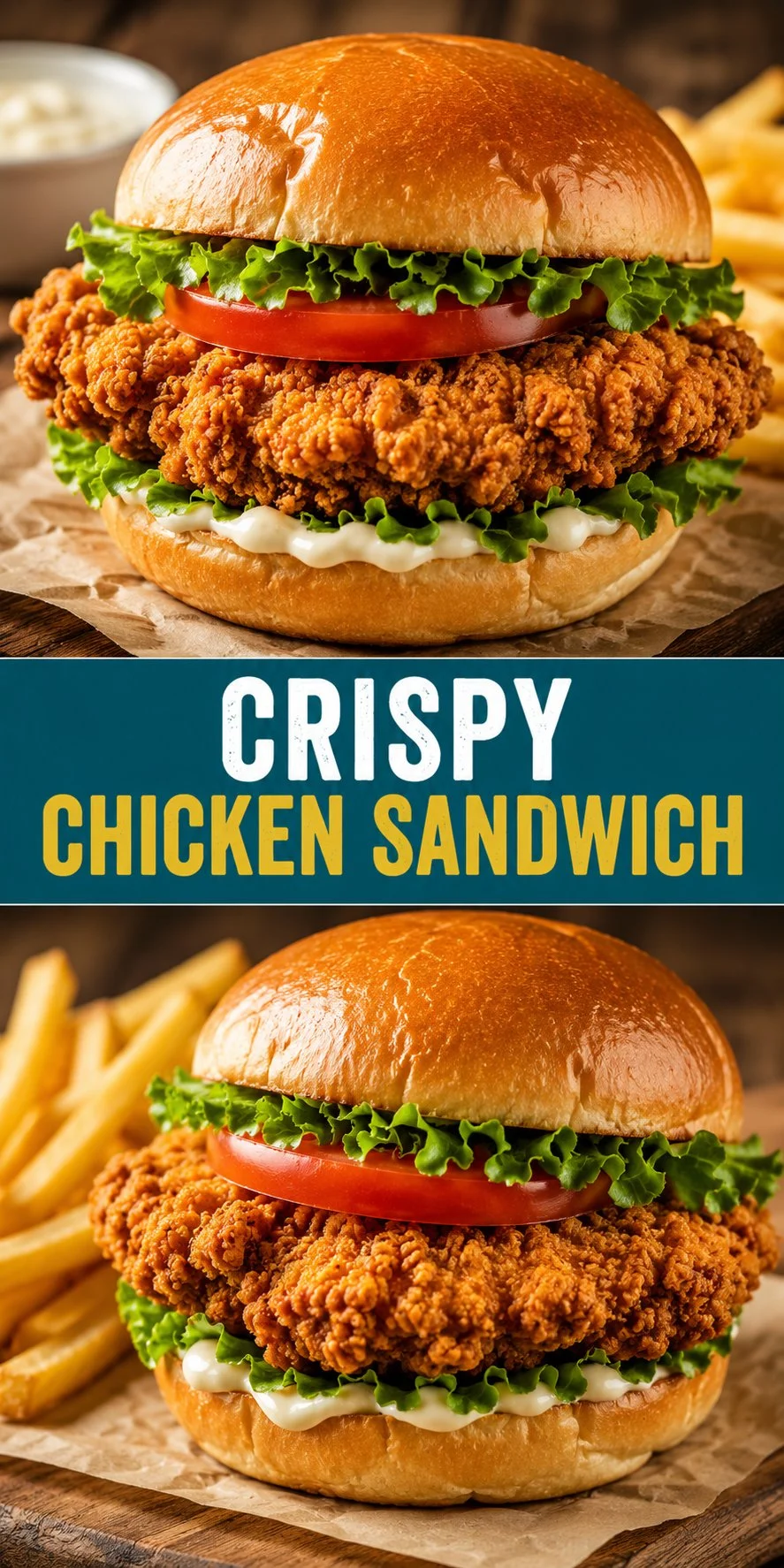 Crispy chicken sandwich with lettuce and mayo on a toasted bun