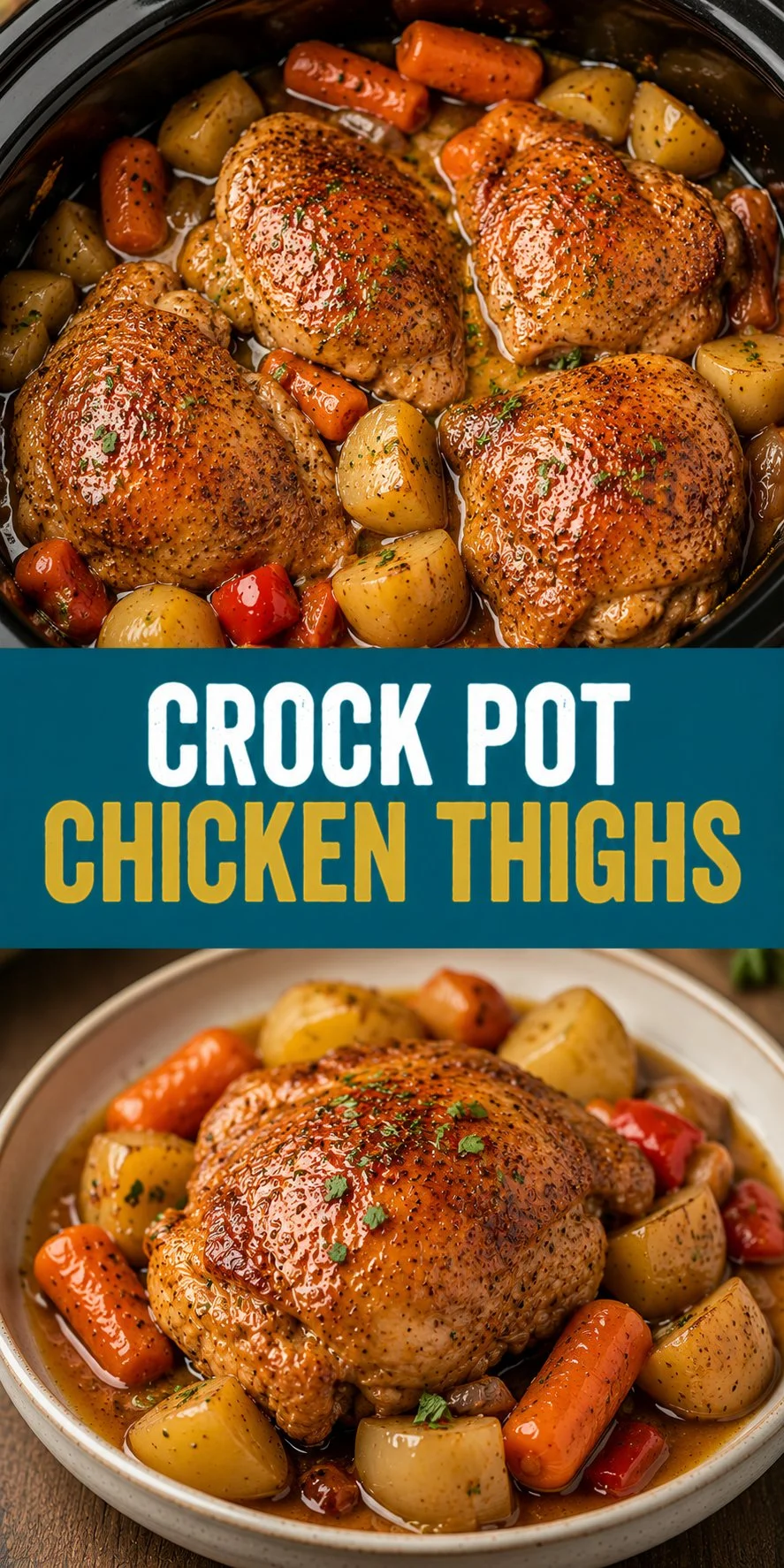 Delicious Crock Pot chicken thighs cooked until tender and flavorful