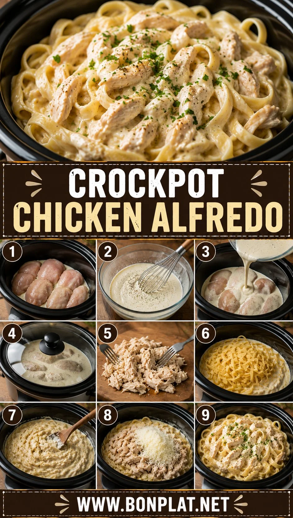 Crockpot Chicken Alfredo served with a sprinkle of parmesan and fresh parsley.