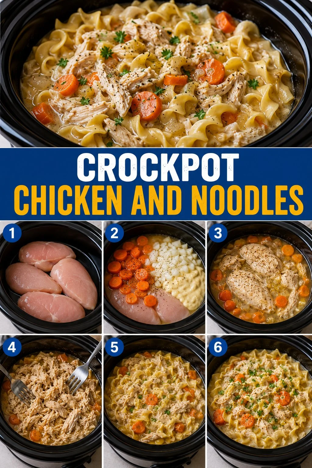 Crockpot Chicken and Noodles dish served in a bowl with herbs and spices