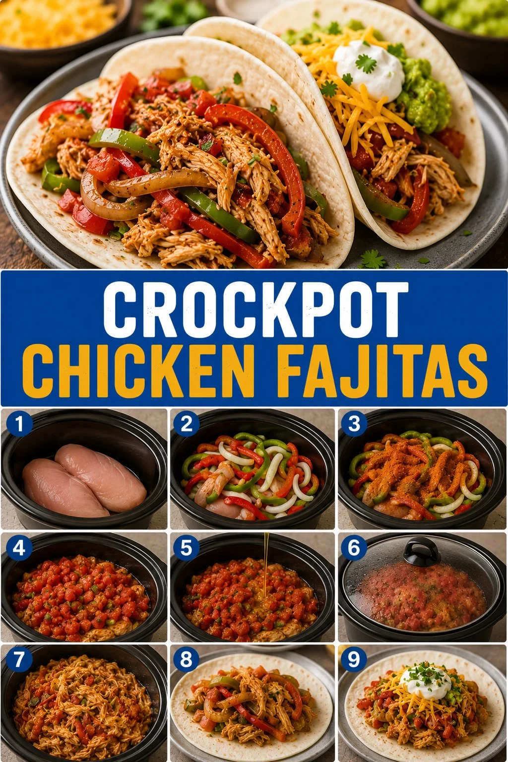 Delicious Crockpot Chicken Fajitas served with peppers and onions