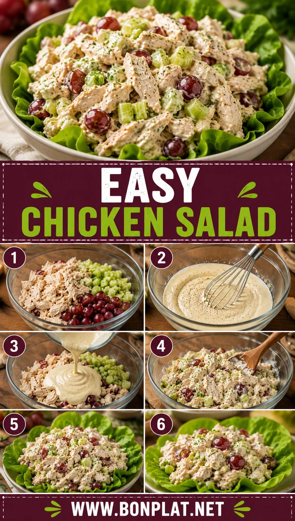 Delicious easy chicken salad served in a bowl with vegetables and dressing