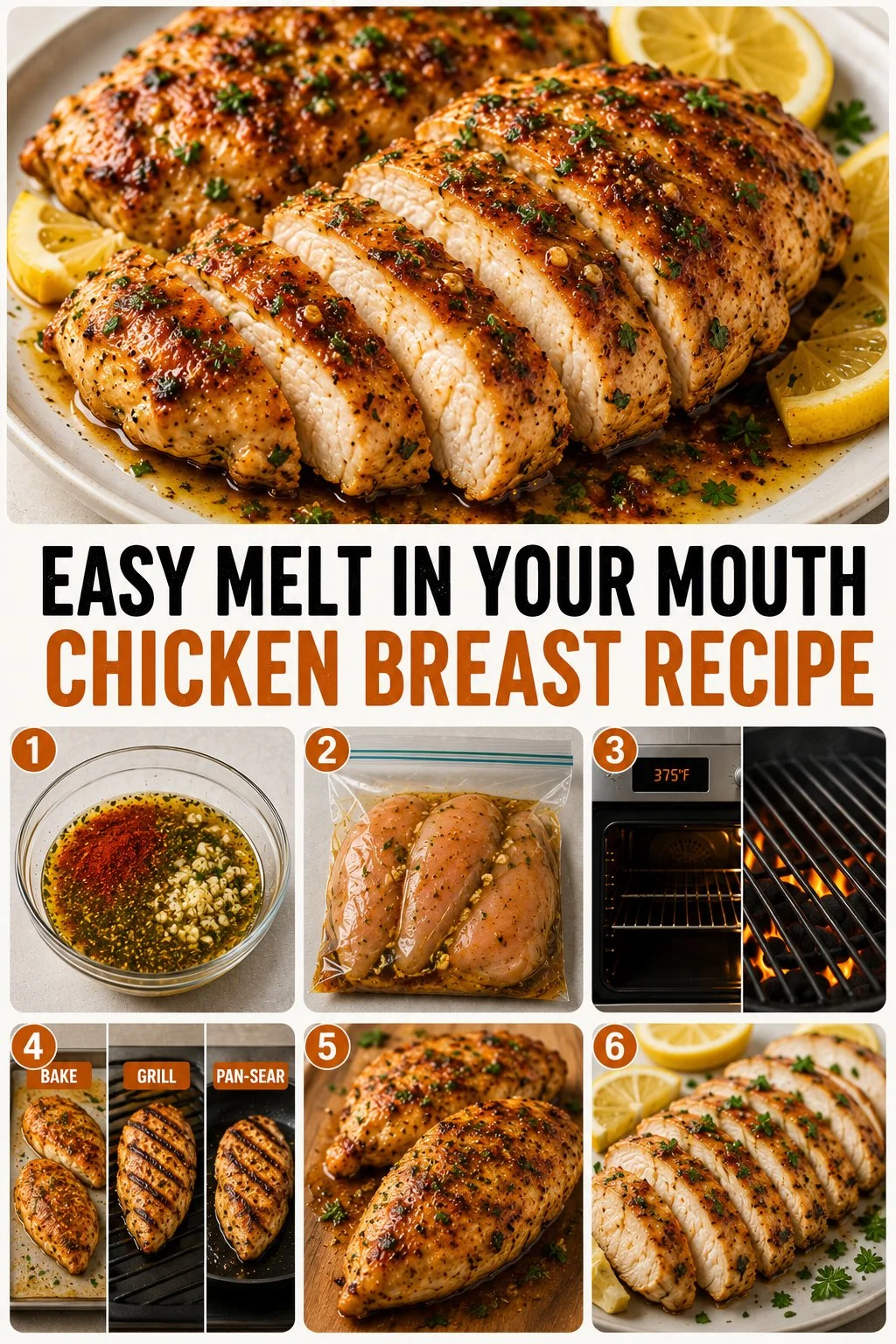 Juicy melt in your mouth chicken breast served on a plate with herbs